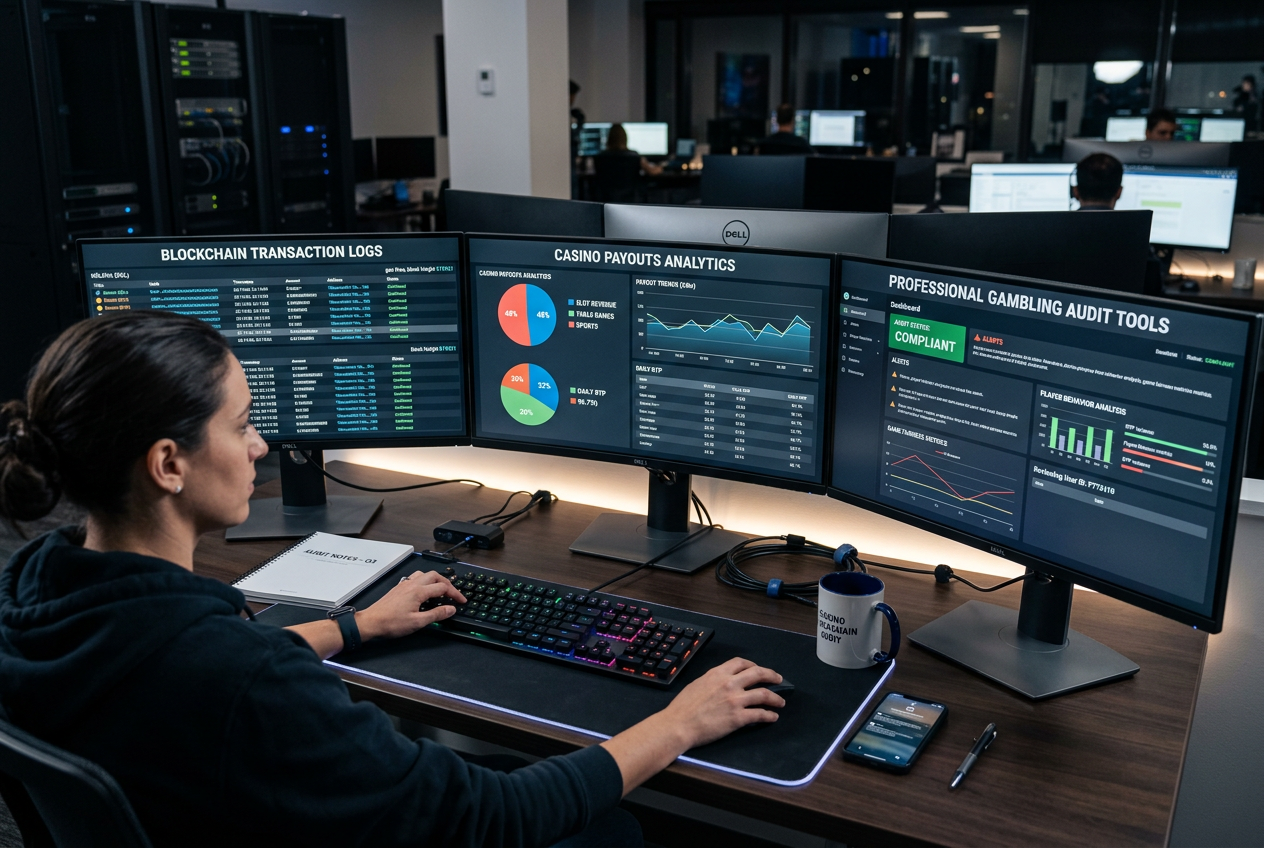 Profesionální expert recenzující online kasino na více obrazovkách s daty a blockchain kódem