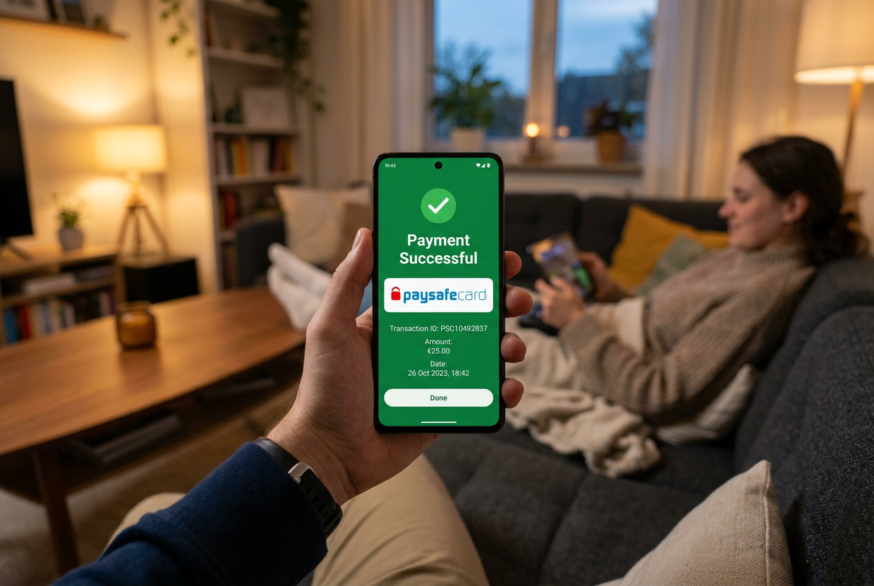 Hráč provádějící vklad do kasina přes mobilní telefon pomocí paysafecard